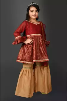 Maroon Woven Net Stitched Kids Salwar Suits