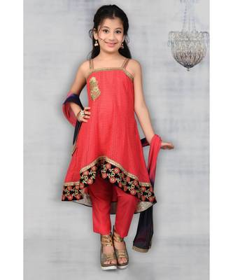 Pink Embroidered Net Stitched Kids Salwar Suits 1