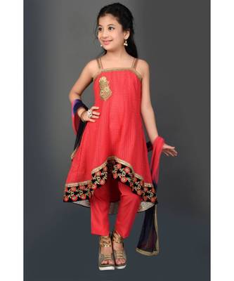 Pink Embroidered Net Stitched Kids Salwar Suits 2