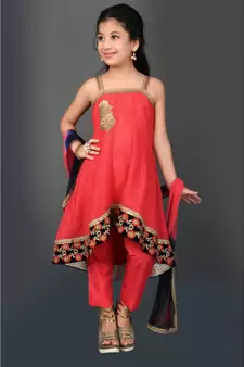 Pink Embroidered Net Stitched Kids Salwar Suits