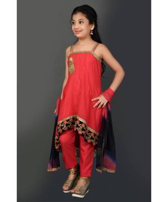 Pink Embroidered Net Stitched Kids Salwar Suits 3