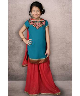 Blue Embroidered Faux Georgette Stitched Kids Salwar Suits 1