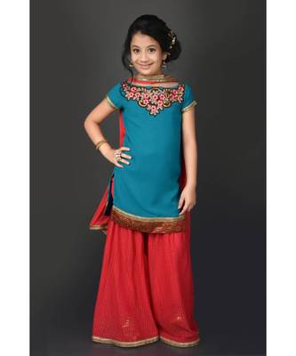 Blue Embroidered Faux Georgette Stitched Kids Salwar Suits 2