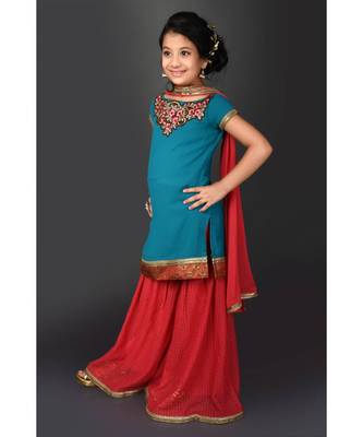 Blue Embroidered Faux Georgette Stitched Kids Salwar Suits 3
