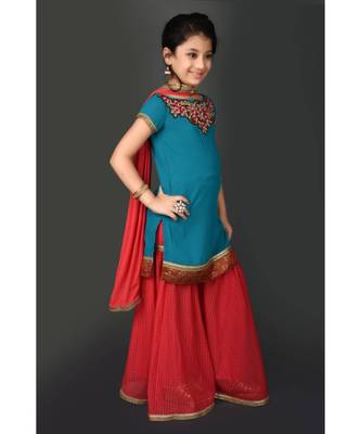 Blue Embroidered Faux Georgette Stitched Kids Salwar Suits 4