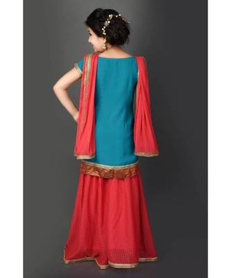 Blue Embroidered Faux Georgette Stitched Kids Salwar Suits 5