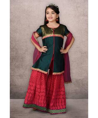 Green Embroidered Taffeta Stitched Kids Salwar Suits 1