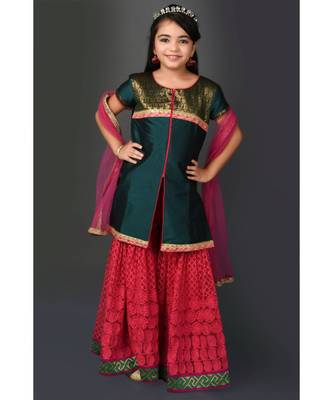 Green Embroidered Taffeta Stitched Kids Salwar Suits 2