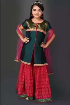 Green Embroidered Taffeta Stitched Kids Salwar Suits