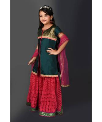 Green Embroidered Taffeta Stitched Kids Salwar Suits 3