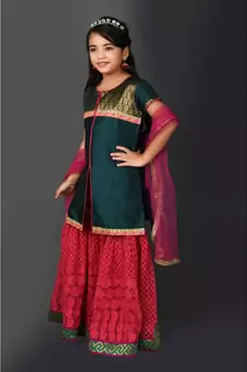 Green Embroidered Taffeta Stitched Kids Salwar Suits