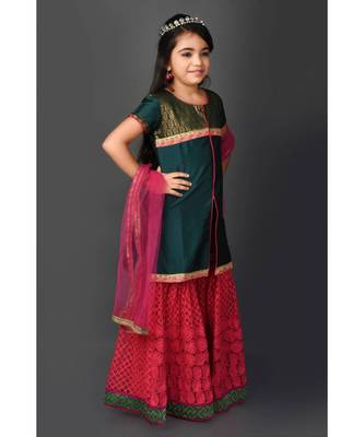 Green Embroidered Taffeta Stitched Kids Salwar Suits 4