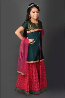Green Embroidered Taffeta Stitched Kids Salwar Suits