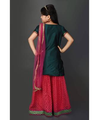 Green Embroidered Taffeta Stitched Kids Salwar Suits 5