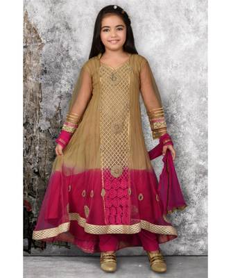 Gold Embroidered Net Stitched Kids Salwar Suits 1