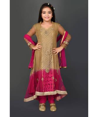 Gold Embroidered Net Stitched Kids Salwar Suits 2