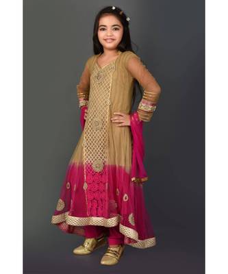 Gold Embroidered Net Stitched Kids Salwar Suits 3