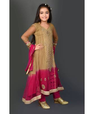 Gold Embroidered Net Stitched Kids Salwar Suits 4