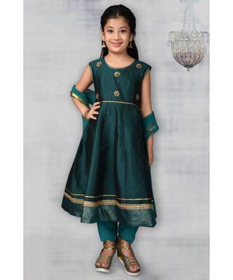 Green Embroidered Taffeta Stitched Kids Salwar Suits 1