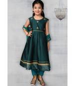 Green Embroidered Taffeta Stitched Kids Salwar Suits