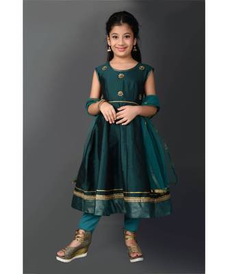 Green Embroidered Taffeta Stitched Kids Salwar Suits 2