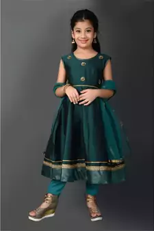 Green Embroidered Taffeta Stitched Kids Salwar Suits
