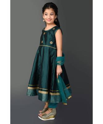 Green Embroidered Taffeta Stitched Kids Salwar Suits 3