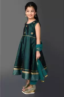 Green Embroidered Taffeta Stitched Kids Salwar Suits