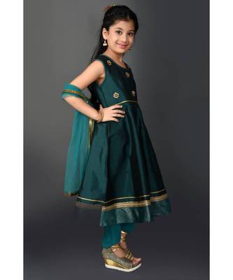 Green Embroidered Taffeta Stitched Kids Salwar Suits 4