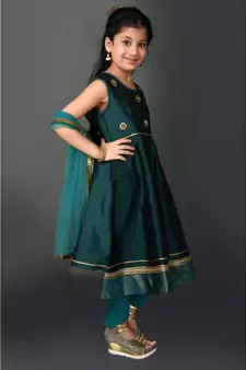 Green Embroidered Taffeta Stitched Kids Salwar Suits