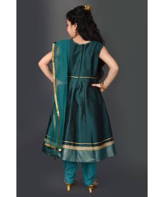 Green Embroidered Taffeta Stitched Kids Salwar Suits 5