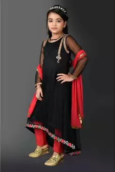 Black Embroidered Net Stitched Kids Salwar Suits
