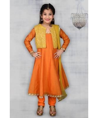 Orange Embroidered Chanderi Silk Stitched Kids Salwar Suits 1