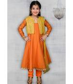 Orange Embroidered Chanderi Silk Stitched Kids Salwar Suits
