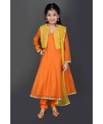 Orange Embroidered Chanderi Silk Stitched Kids Salwar Suits 2