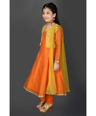 Orange Embroidered Chanderi Silk Stitched Kids Salwar Suits 3