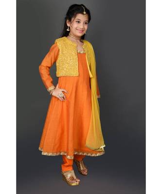 Orange Embroidered Chanderi Silk Stitched Kids Salwar Suits 4