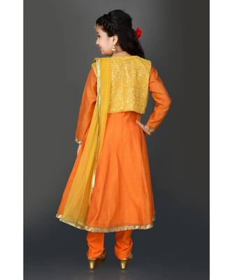 Orange Embroidered Chanderi Silk Stitched Kids Salwar Suits 5