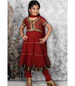 Maroon Embroidered Shimmer Stitched Kids Salwar Suits