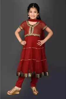Maroon Embroidered Shimmer Stitched Kids Salwar Suits