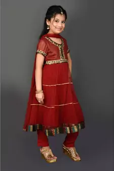 Maroon Embroidered Shimmer Stitched Kids Salwar Suits