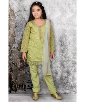 Green Embroidered Chanderi Silk Stitched Kids Salwar Suits 1