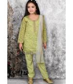 Green Embroidered Chanderi Silk Stitched Kids Salwar Suits