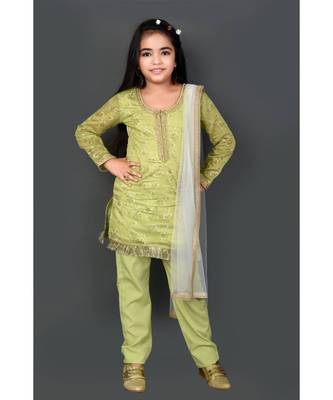 Green Embroidered Chanderi Silk Stitched Kids Salwar Suits 2