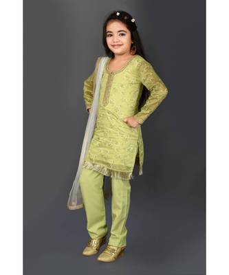 Green Embroidered Chanderi Silk Stitched Kids Salwar Suits 3