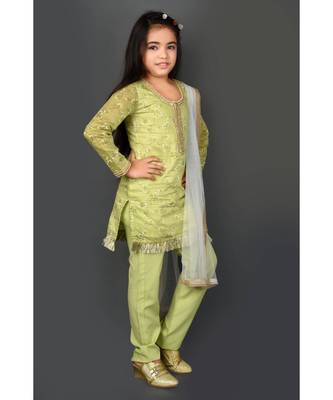 Green Embroidered Chanderi Silk Stitched Kids Salwar Suits 4
