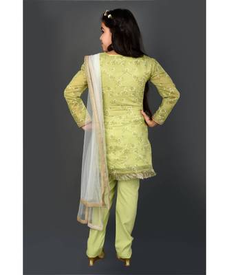 Green Embroidered Chanderi Silk Stitched Kids Salwar Suits 5