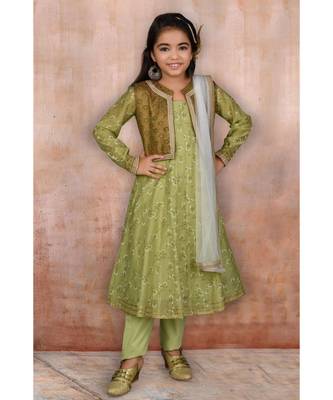 Green Embroidered Chanderi Silk Stitched Kids Salwar Suits 1