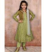 Green Embroidered Chanderi Silk Stitched Kids Salwar Suits
