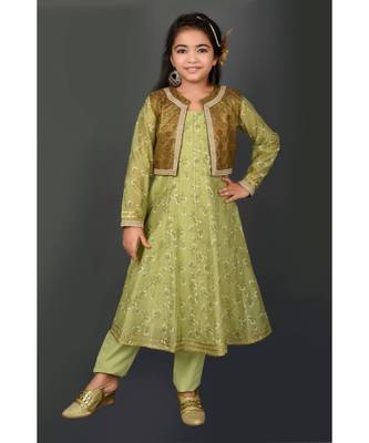 Green Embroidered Chanderi Silk Stitched Kids Salwar Suits 2